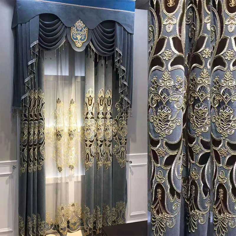 Custom  Size！！European Chenille Thickened Water-soluble Embroidered Uxury Blackout Curtains for Living Dining Room Bedroom Decor