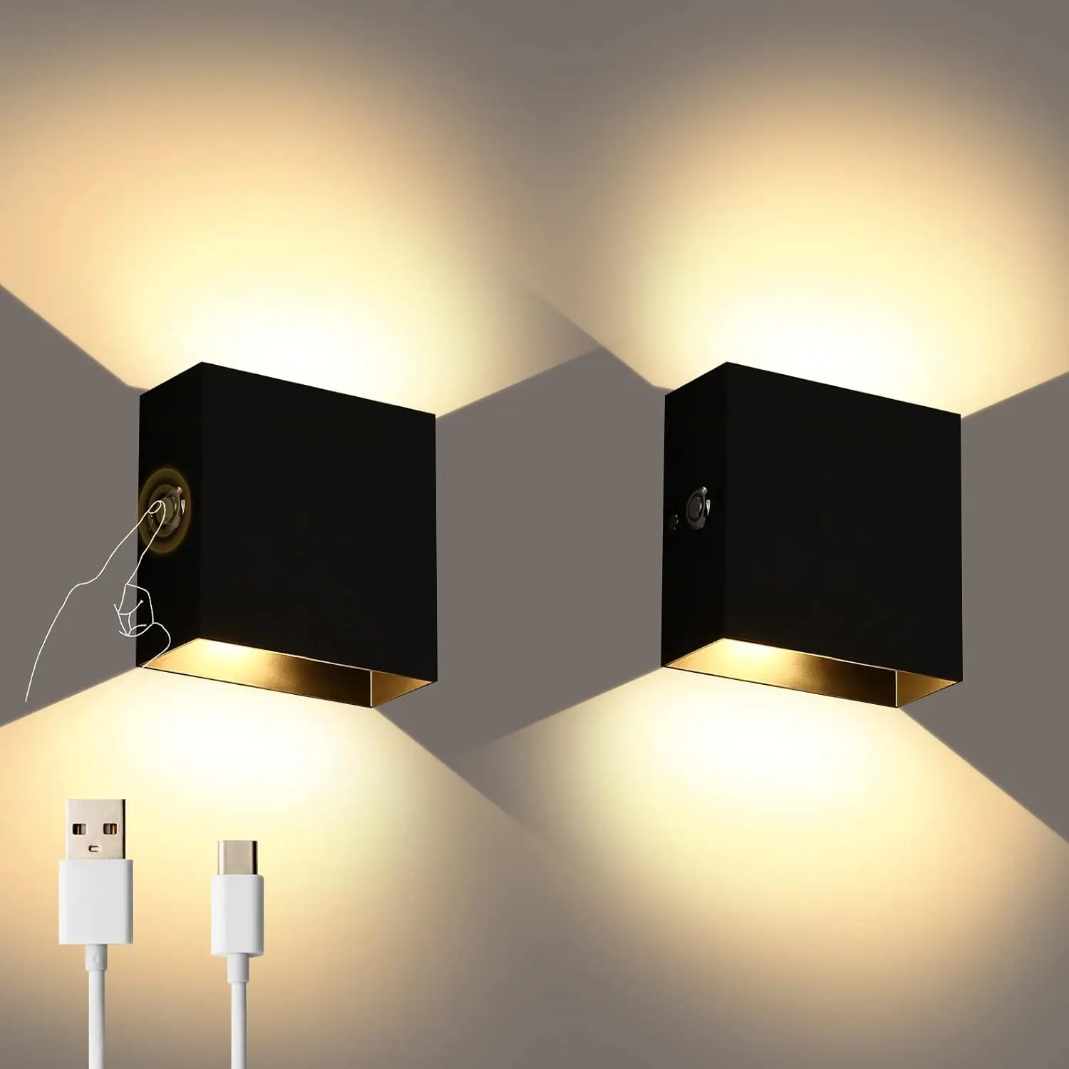 LED Wall Sconce Battery Powered Set of 2, Touch Control Dimmable Wall Lamp Rechargeable Black Warm White room decor  wall lamp