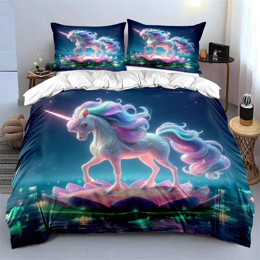 3pcs Dreamy unicorn on glowing lotus Duvet Cover Set with 3D Printing Design Soft Polyester Bedding Set All-Season Comfort