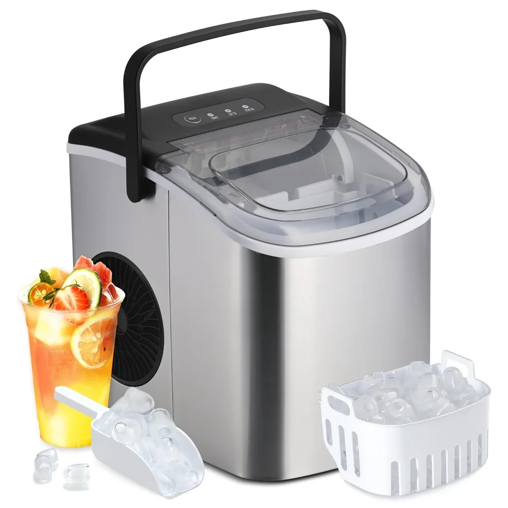 

Countertop Ice Maker Machine, 6 Mins 9 Bullet Ice, 26lbs Ice Per Day, 13.7lbs, Self-Cleaning Maker with Handle, Basket