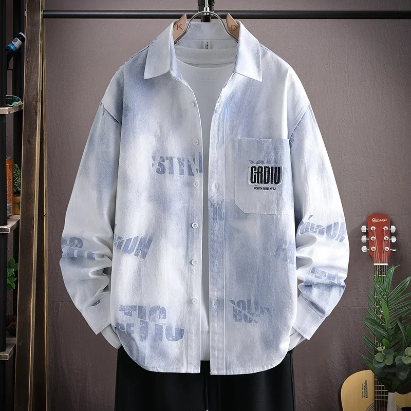 

Модная джинсовая куртка в клетку для мужчин, повседневная, с воротником, весна-осень, новинка, молодежная, с длинным рукавом, для повседневной носки осенью