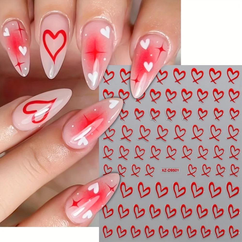 8pcs 3D Heart Nail Art Stickers - Multi-Color Love Heart Decals with Assorted Styles (Red/Pink/Black/Golden/Silvery), DIY Nails