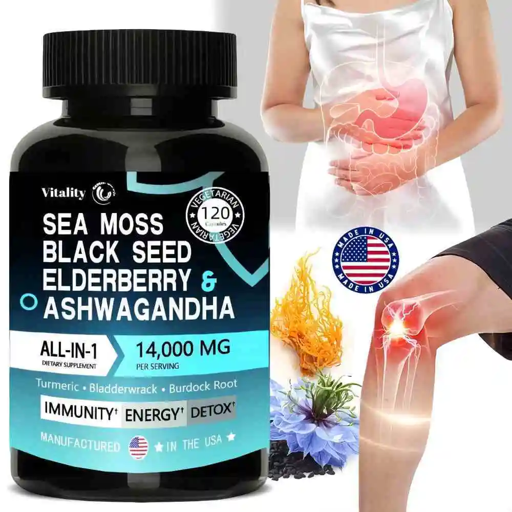 Sea Moss Capsules All-in-One Irish Sea Moss Pills Black Seed Oil Elderberry Ashwagandha Powder,SeaMoss Multi-Mineral 14,000mg