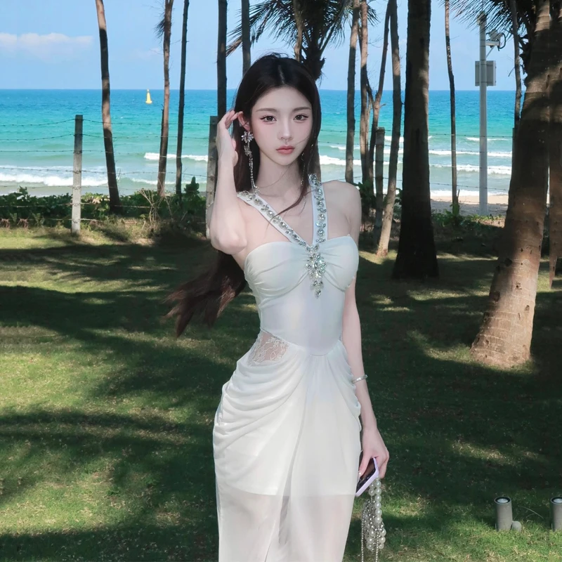 RORORIRI Sheer Mesh Stitch Lace Diamond Tank Dress Women Off-shoulder Pleated Slim Bodycon Mermaid Long Dress Sexy Party Clothes