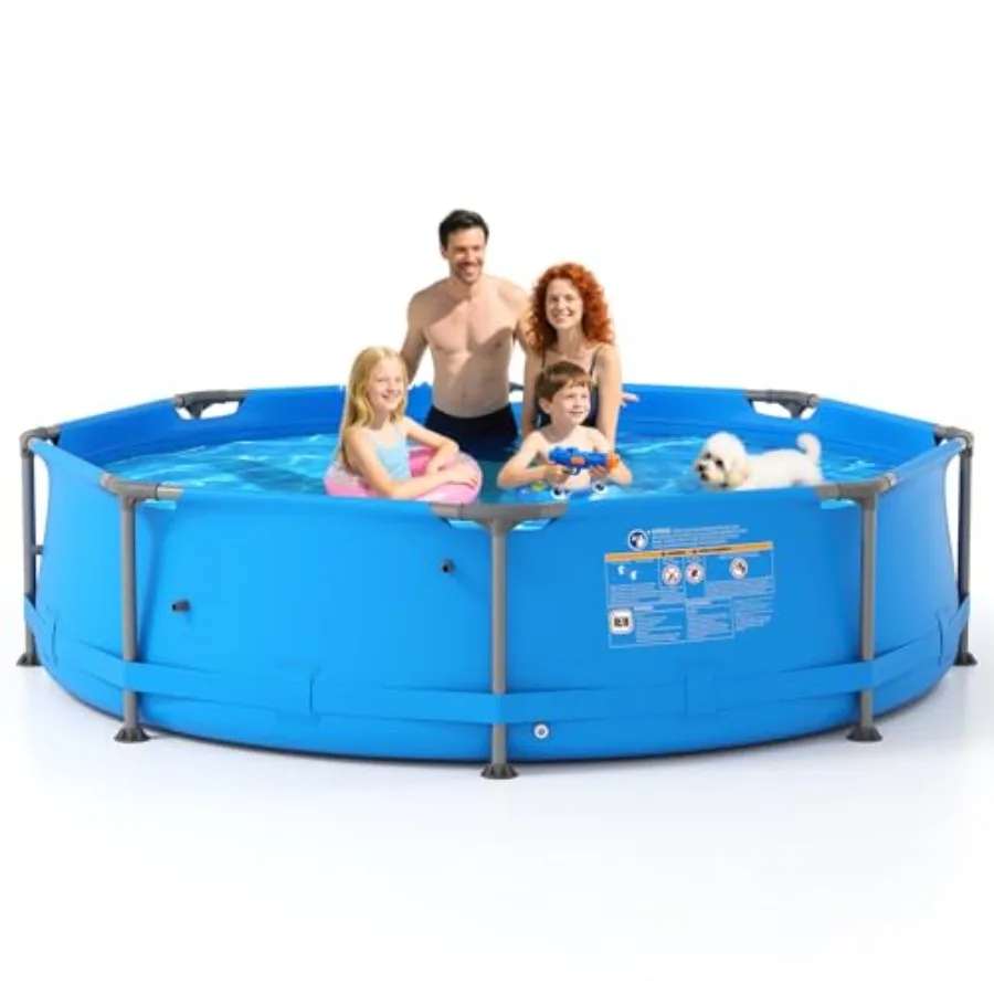 

Outdoor backyard family pool set: 10ft x 30in metal frame above ground swimming pool, blue puncture-resistant fabric, drainage