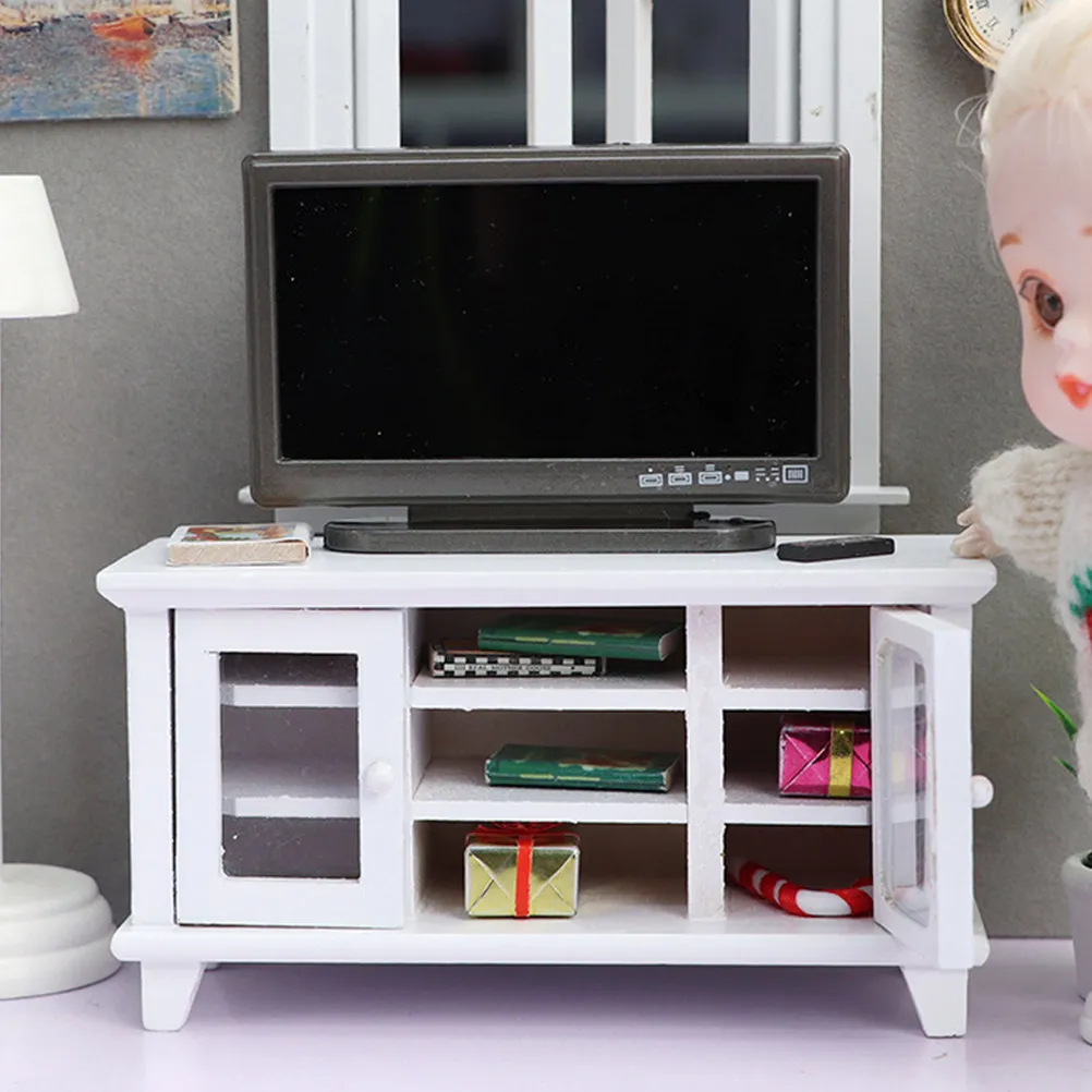 Mini Wood TV Cabinet Miniature House Furniture Decoration Living Room Accessory 1 12 Scale Display Stand House TV Cabinet