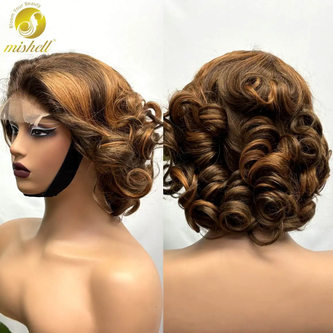 

5x5 Lace Closure 4/30 Highlight Loose Fumi Human Hair Wigs 300% Density Short Bouncy Curly Burmese Remy Hair Wigs for Women