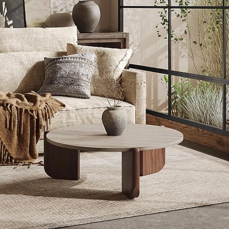 

￥ # Круглый кофейный столик в стиле Ваби-Саби с травертиновой столешницей и основанием из красного дуба, роскошный журнальный столик для гостиной