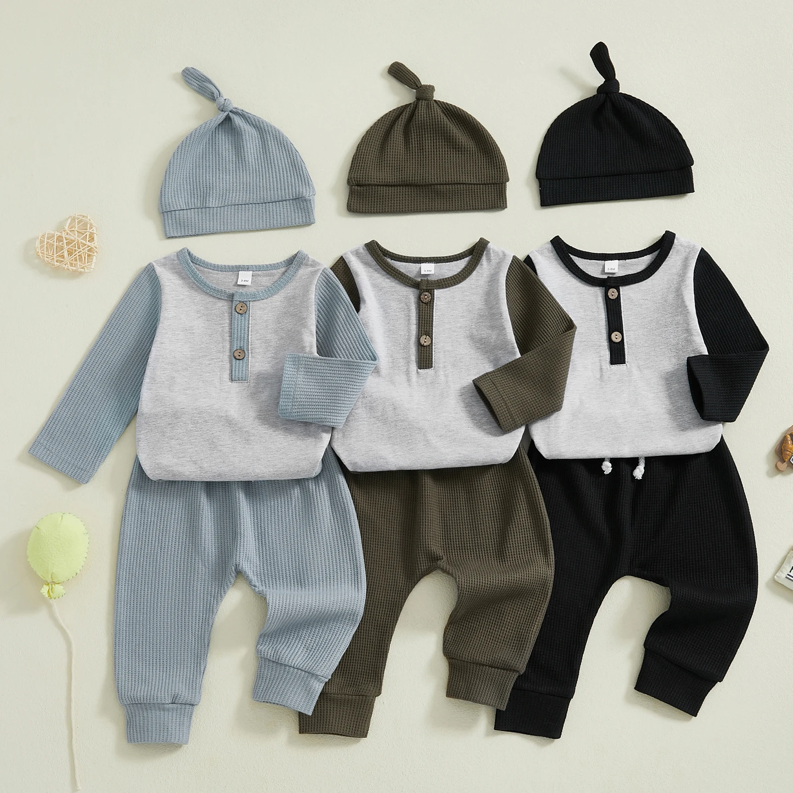 Baby Boy Outfits Contrast Color Long Sleeve Romper with Waffle Solid Pants Hat 3 Pcs Set