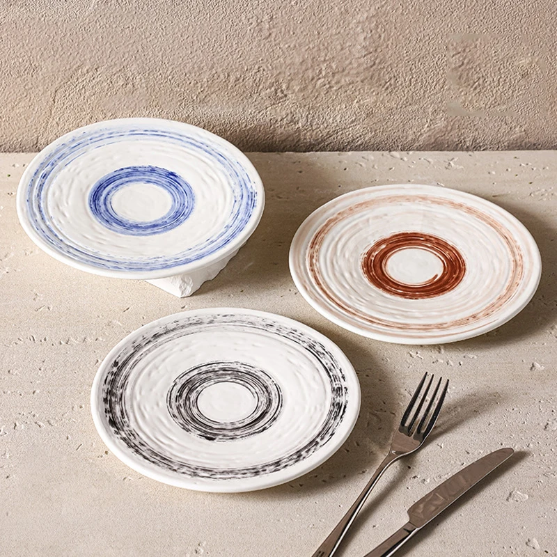 7.5Inch Nordic Ceramic Water Ripple Art Plate Restaurant Creative Shallow Serving Plate Home Hotel Flat Dessert Round Tray