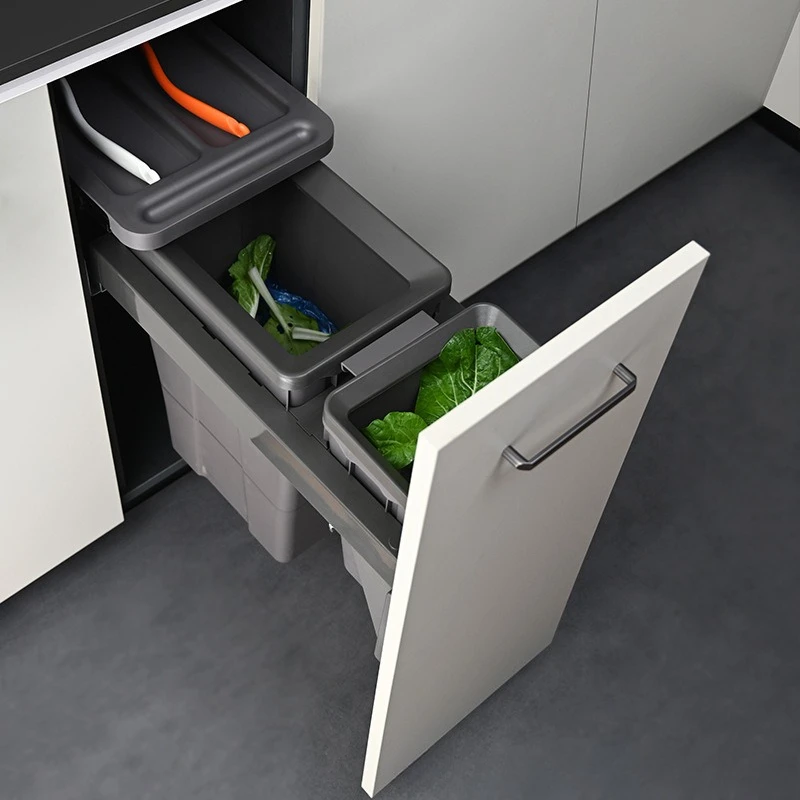 Hidden Kitchen Trash Can Double Trash Bin Luxury Built in Litter Bins Large Capacity Drawer Style Garbage Bin with Lid Cleaning