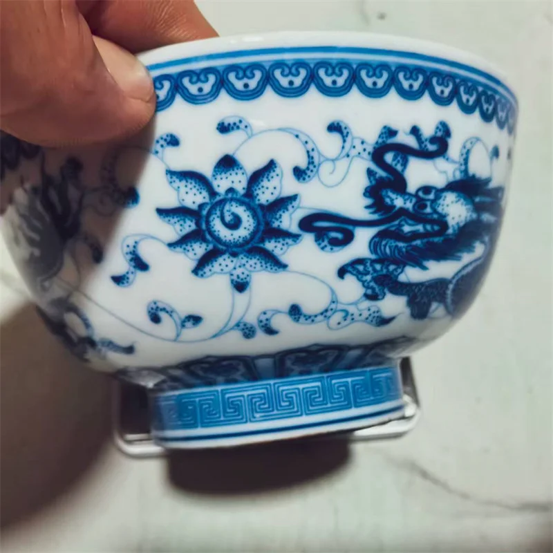 Chinese Old Porcelain Blue White Double Dragon Playing Pearl Patterned Bowl Antique Decorative Kitchenware Collectible Dish