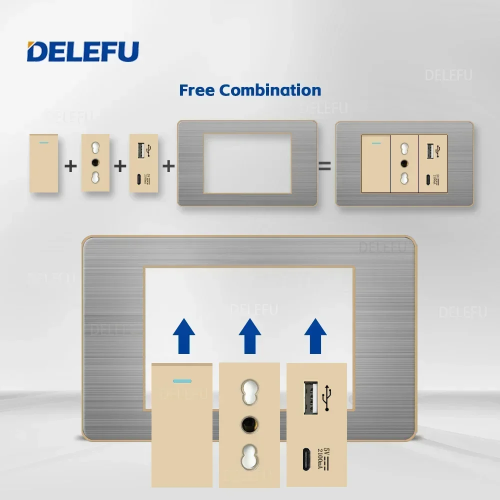Delefu-Italiaanse Standaard Schakelaar Socket Rvs Gold Border Grey Panel Serie Stopcontact