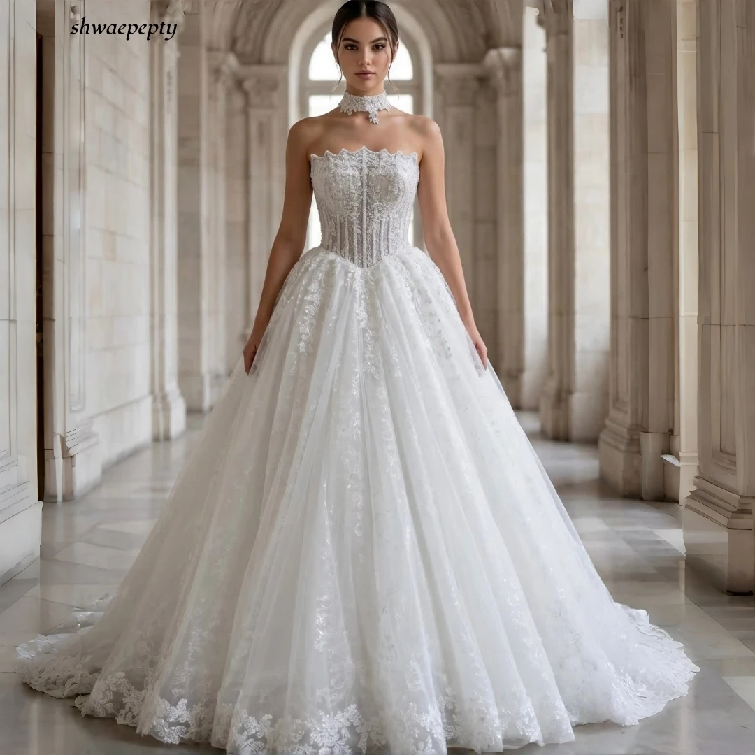 Strapless Lace Ball Gown Wedding Dress Corset Bodice Back Lace-up Sleeveless Garden Bridal Gown With Train Customized