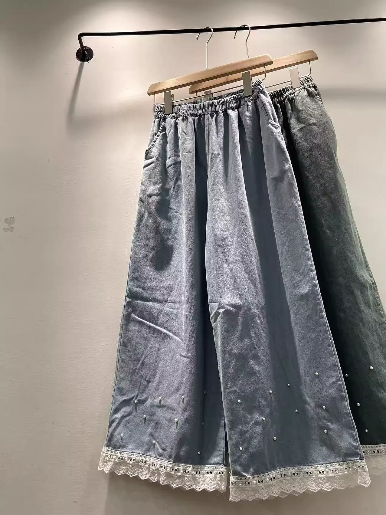 

2025 New Women's Denim Wide Leg Pants Morigirl Jeans Elastic Waist Japanese Style Eyelet Patchwork Denim Pants