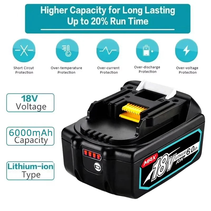 For Makita 18V 6000mAh Rechargeable Power Tools Battery with LED Li-ion Replacement LXT BL1860B BL1860 BL1850+2A Charger