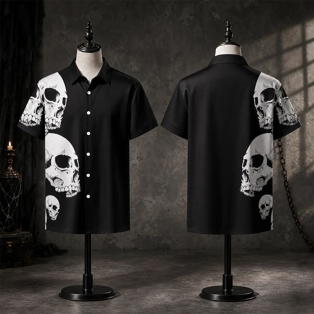 Men's Skeleton Skull Print Halloween Shirt Casual Short Sleeve Button Down Horror Costume Breathable Quick-Dry Top for Halloween