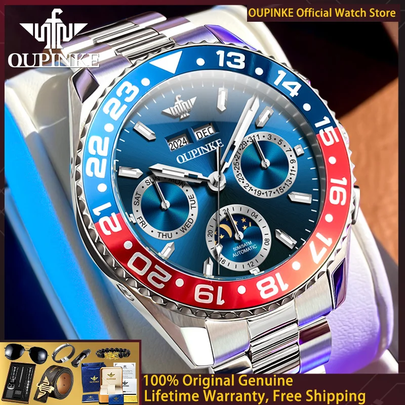 

OUPINKE 3271 Original Men Watch Brand All Automatic Men Mechanical Watch Multi functional Moon Phase Chronograph Top Gift Reloj