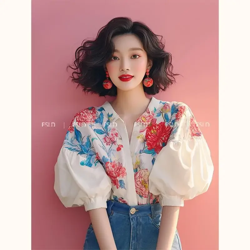 Floral Print Vintage Summer White Puff Sleeve Blusas Tops Chiffon Blouses Women Simple Gradient Short Sleeve Casual Shirts A129
