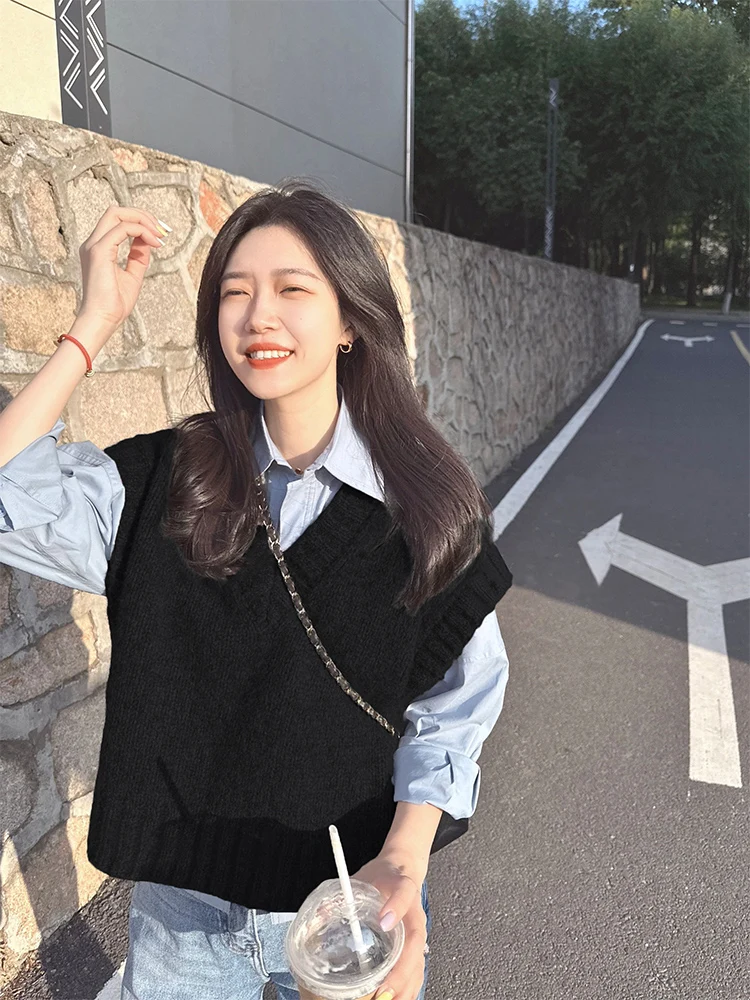 Bla Vintage Wool Knitted Vest Women's Autumn Winter irt Layering Loose Outerwear ort Sweater Vest for Women