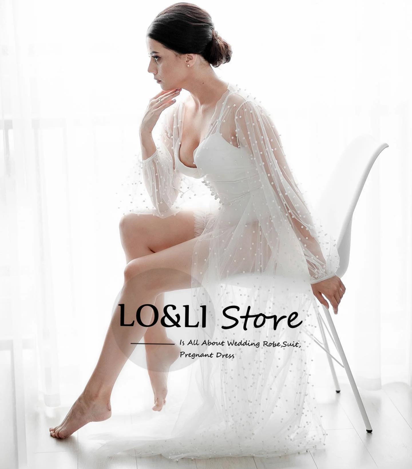 Pearl Robe for Bride Women Wedding See Through Sexy Pajamas Lantern Sleeve Female Bridal Bathrobe Long Maternity Photoshoot