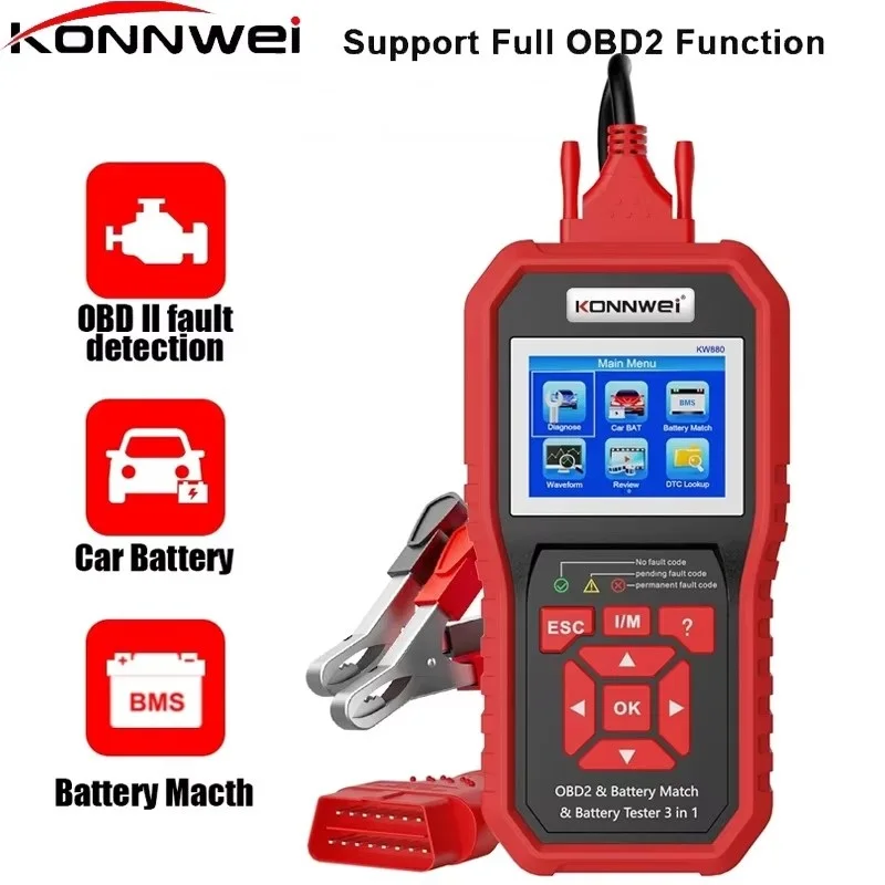 

Профессиональный сканер OBD2, диагностические инструменты, тестер сочетания батареи KW880, тестер зарядки OBD, проверка считывателя кодов двигателя