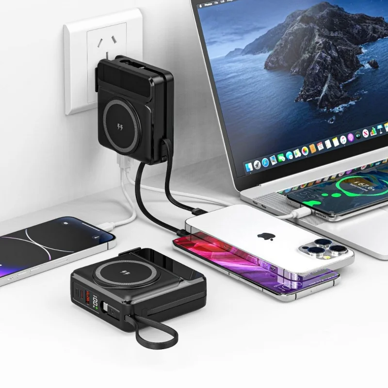 Power Bank Nirkabel Magnetik 5in1 15W Pengisian Cepat 22.5W untuk iPhone 16 Samsung Xiaomi Charger Dinding dengan Kabel Colokan AC Powerbank