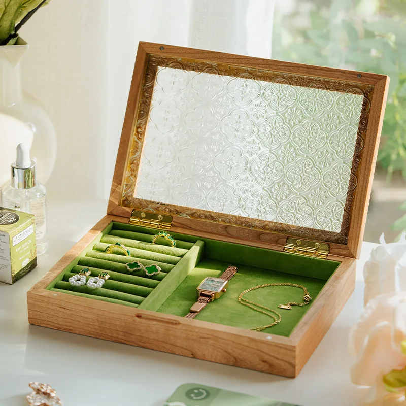 

Wood Solid Wood Christmas Jewelry Box Glass Cover Necklace Jewelry Storage Box Household Ring Earrings Display Box