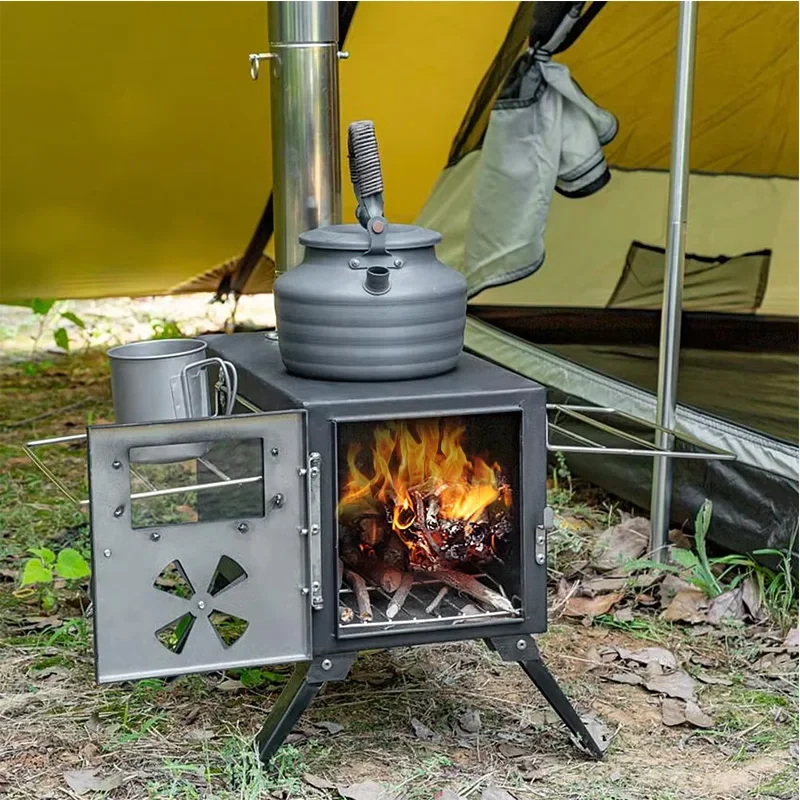 Outdoor-Camp-Zelt, zusammenklappbarer Brennholzofen, tragbarer Holzofen, multifunktionaler Brennholzbrenner mit abnehmbarem Kamin
