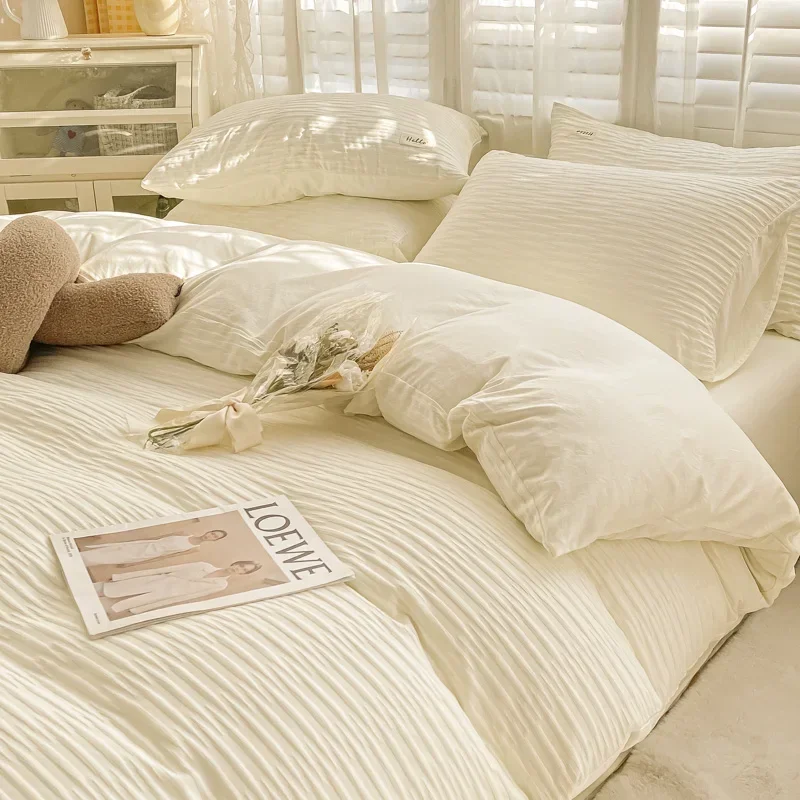 Seersucker Bedding Set Duvet Cover Flat Sheets Pillowcase Bed Sheet Set Soft Comforter Cover Nordic Ins Style Home Textiles