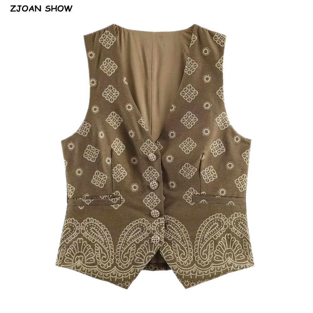 

Женский жилет с этнической вышивкой и цветочным узором пейсли, на пуговицах, с V-образным вырезом, без рукавов, в стиле бохо, для отпуска