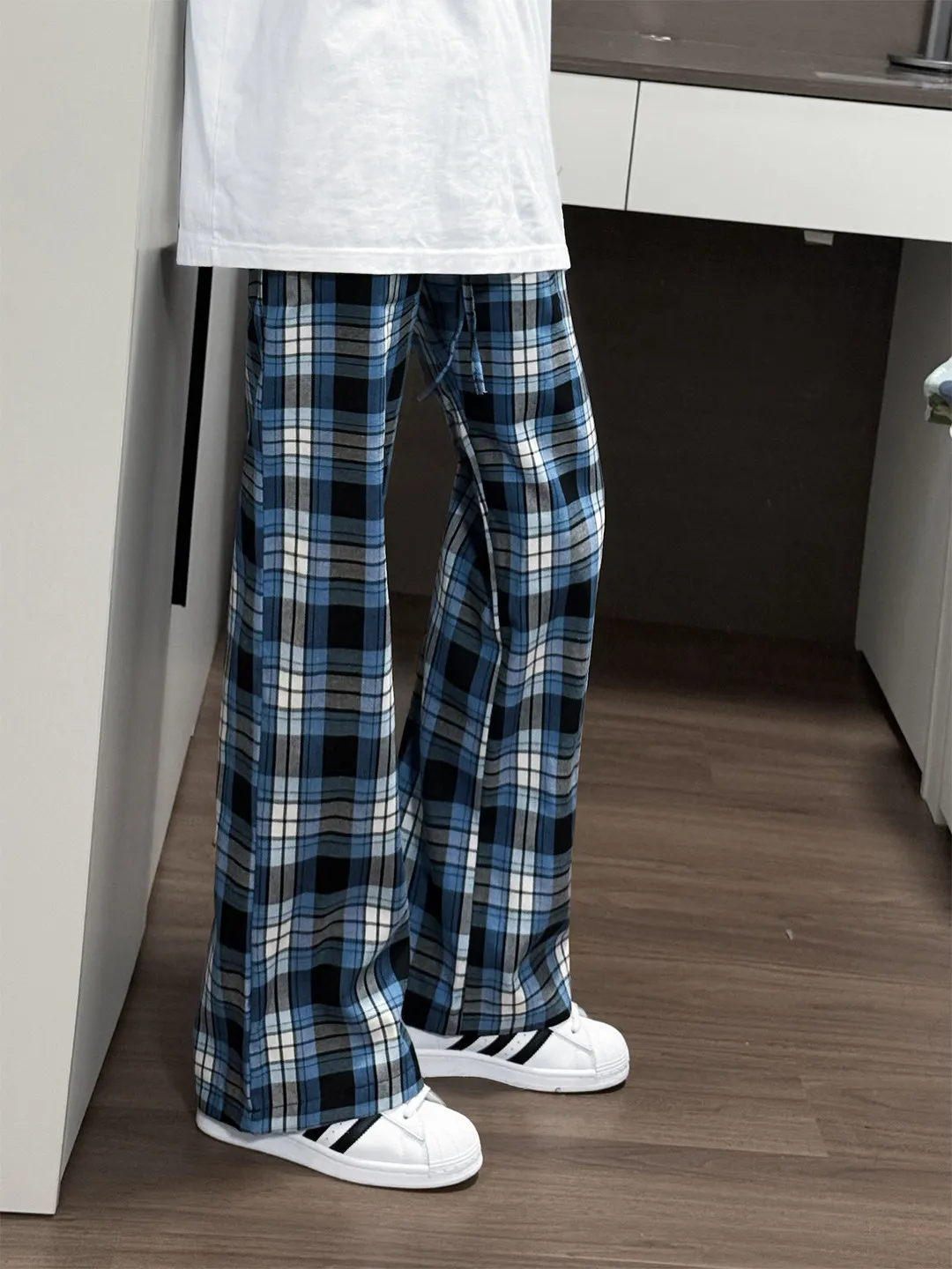 

American High Street Blue Plaid Men's Summer Trendy Straight Leg Casual Pants Loose Feel Micro Flare Trousers