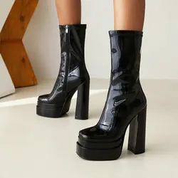 Fashion Women Boot Mid Calf Sexy Concise Casual Boot14CM Square Heel Style Runway Show Super High Heel Patent Leather Women Shoe
