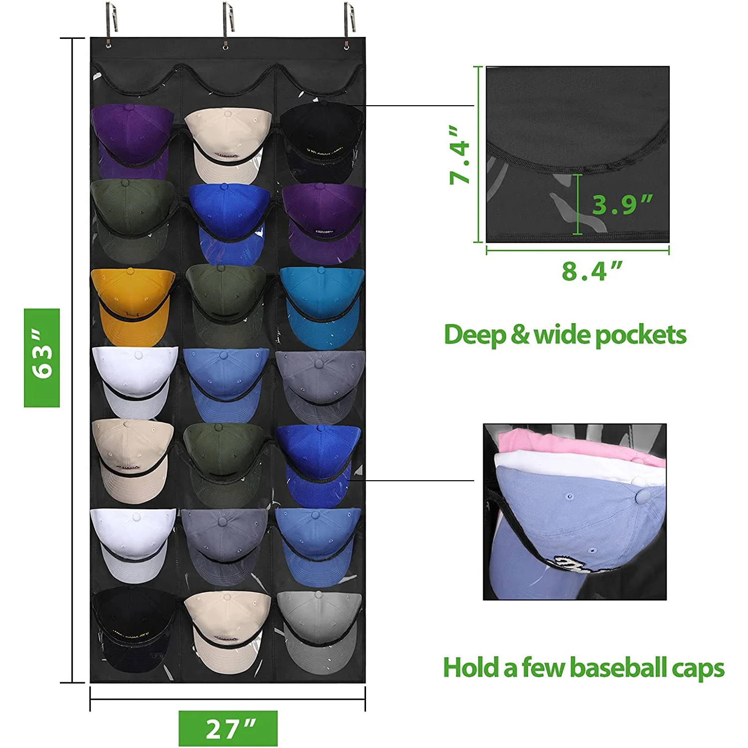 1pc Hat Rack Hat Organizer for Baseball Caps Visible Hat Holder Baseball Hat Rack for Wall Door with 3 Hooks 24 Deep Pockets