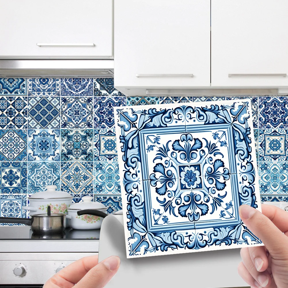 24pc Blue Portuguese Style Tile Stickers. Kitchen Living Room Bedroom Decorative Painting Wall Stickers