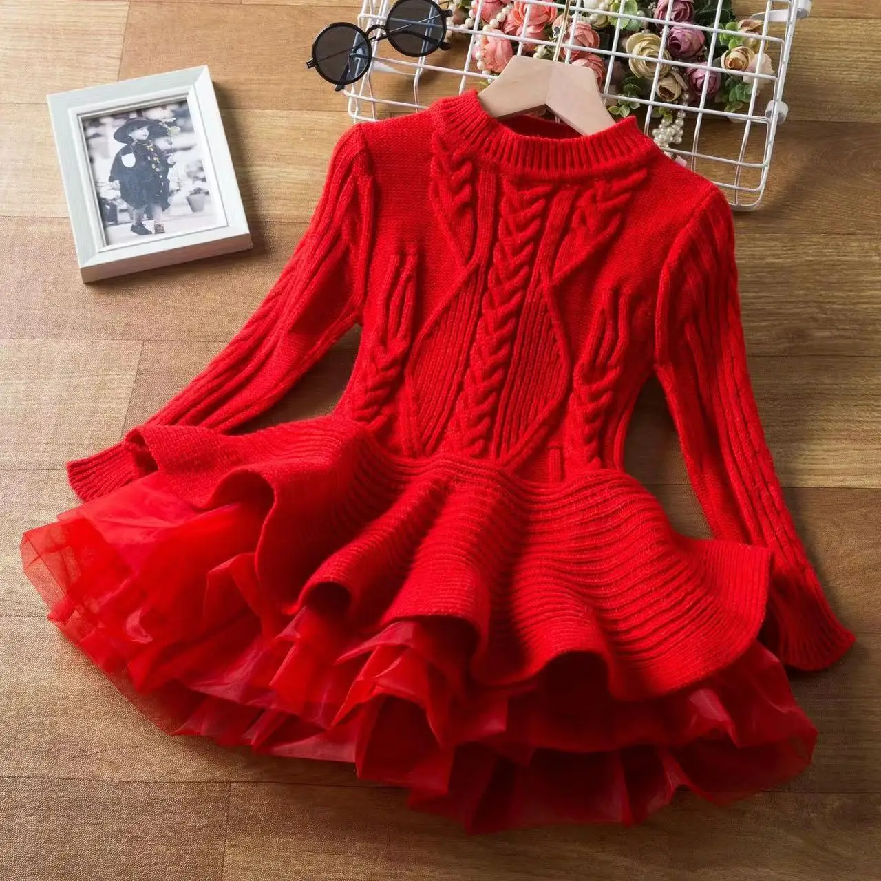 

Long Sleeve Girls Winter Dress For 3-7 Years 2024 New Knitted Sweater Outfits Red Christmas Party Dress for Girls Kids Costume