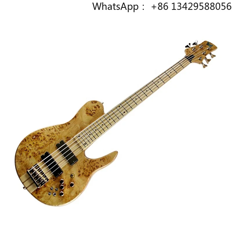 Flyoung Natural Wood Color Bass 5 Strings Electric Bass Guitar Neck Through Body Bass Guitar