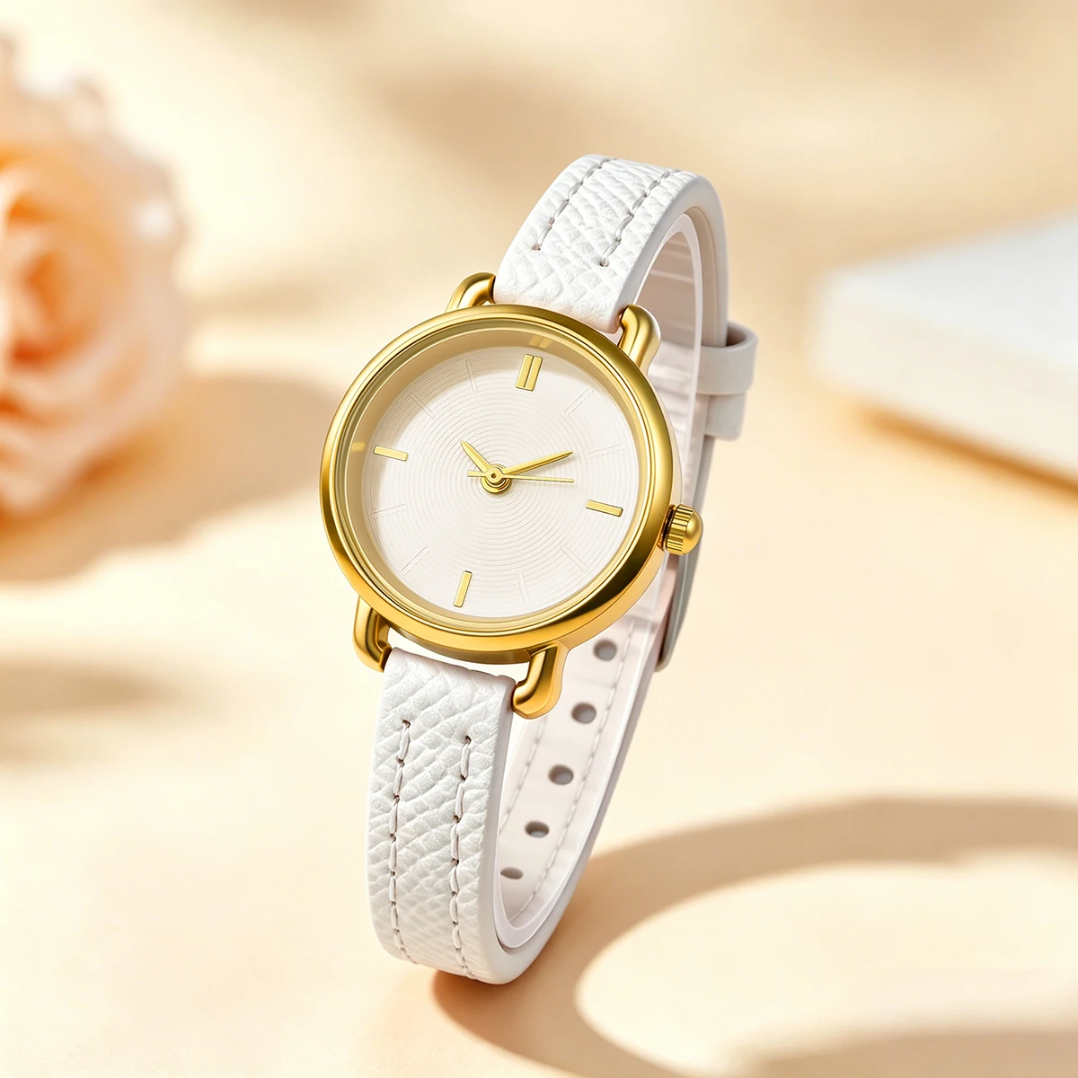 Women Elegant Round Quartz Wrist Watch Gold Case Leather Strap Simple Dial Ladies Watch