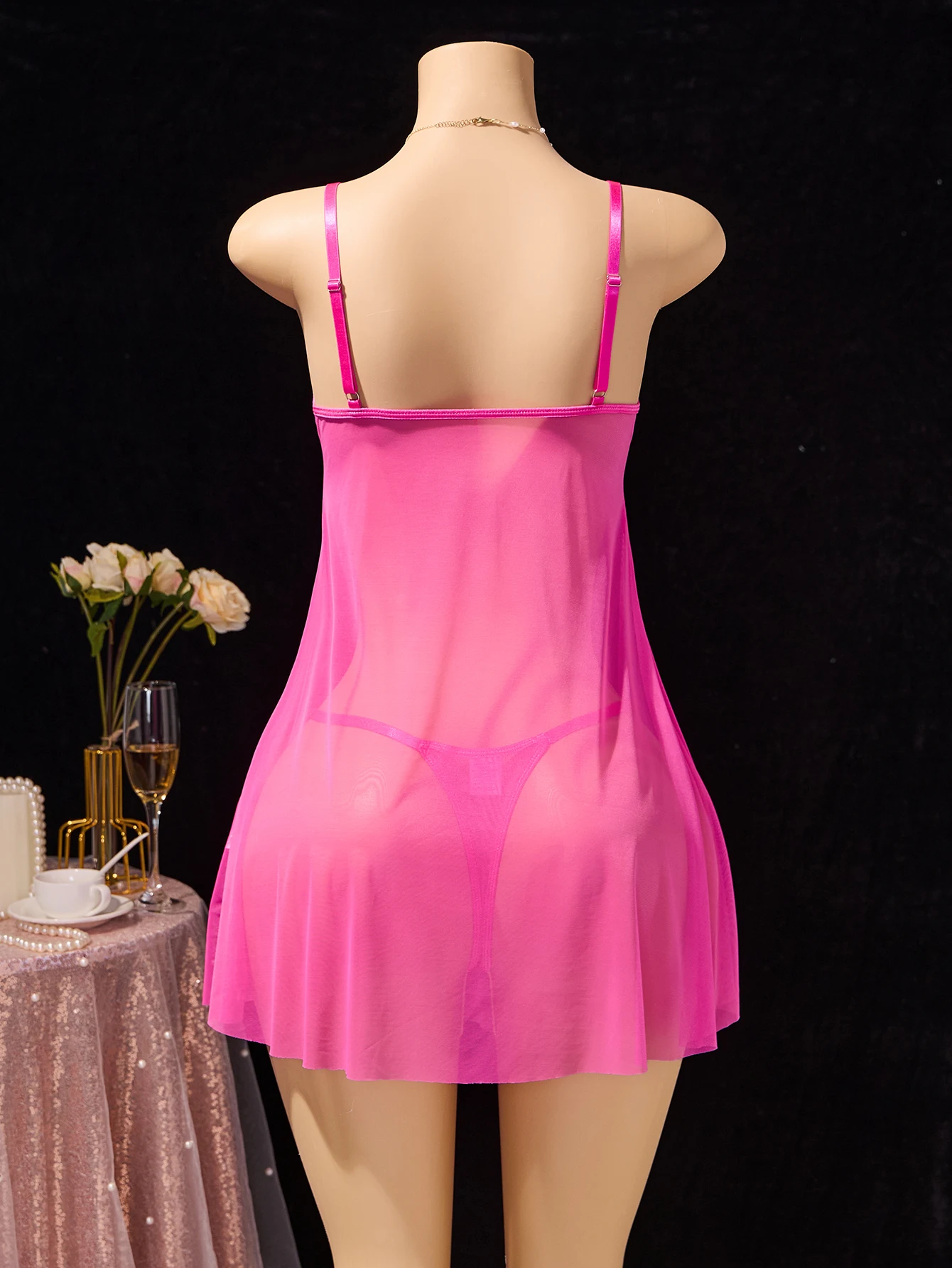 Hot Pink Sheer Mesh Babydoll Chemise Lace Bust With Tiny Bow Straps See Through Lingerie Nightdress Matching Panty Boudoir image 6