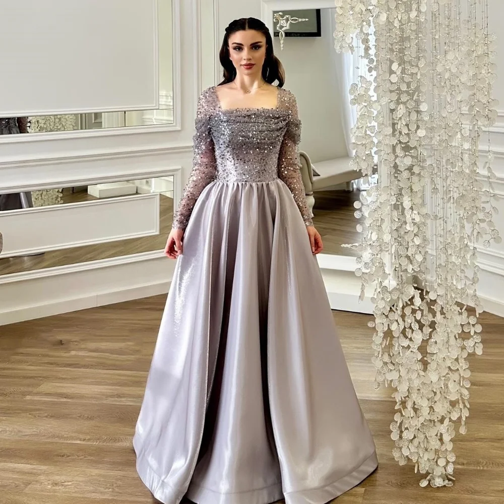 Robe de Rhfroncée à paillettes en satin, robes longues, ligne A, encolure carrée, occasion sur mesure