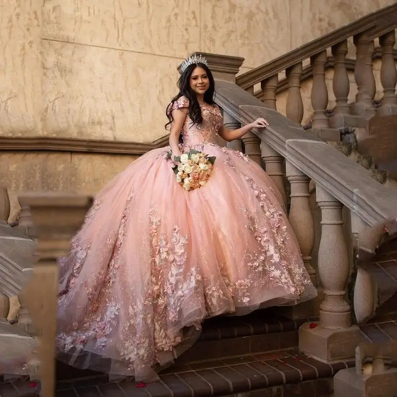 Vestidos De quinceañera sin hombros, vestido De baile, flor 3D, apliques De encaje, cuentas, dulce 16, 15 Años, graduación