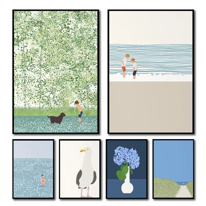 Abstract Beach Coastal Hydrangea Heron Seagull Swimming Loons Illustration Poster Canvas Painting Wall Art Pictures Home Decor