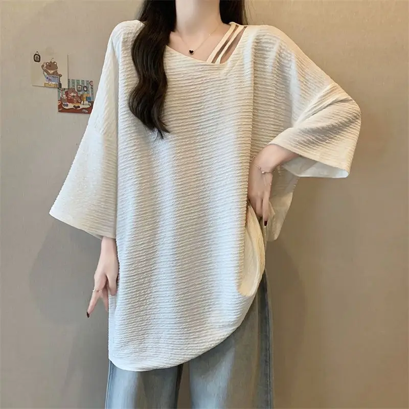 2024 Summer New Simplicity Solid Color V-neck Short Sleeve T-Shirts Female Casual Korean Irregular Hollow Out Loose Top Tee