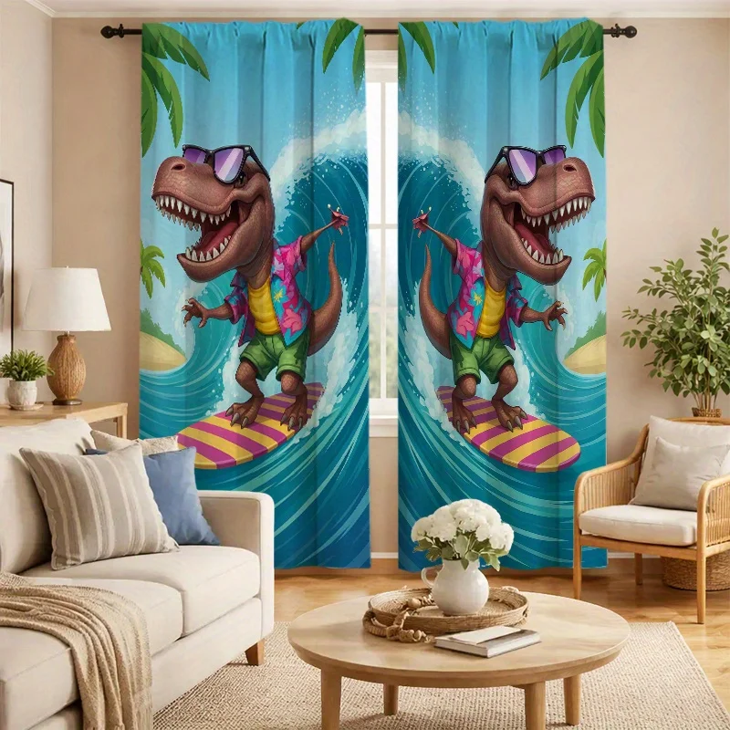 Cool Surfing Dinosaur Curtains Funny T-Rex with Sunglasses Print Window Drapes Summer Beach Decor, Blackout Fabric for Kids Room