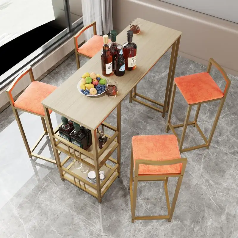 5-Piece Bar Table & Chair Set, Gold Frame, Multi-Layer Top, Sponge Cushions, Table with Storage Function (Gold, Brown, Orange)