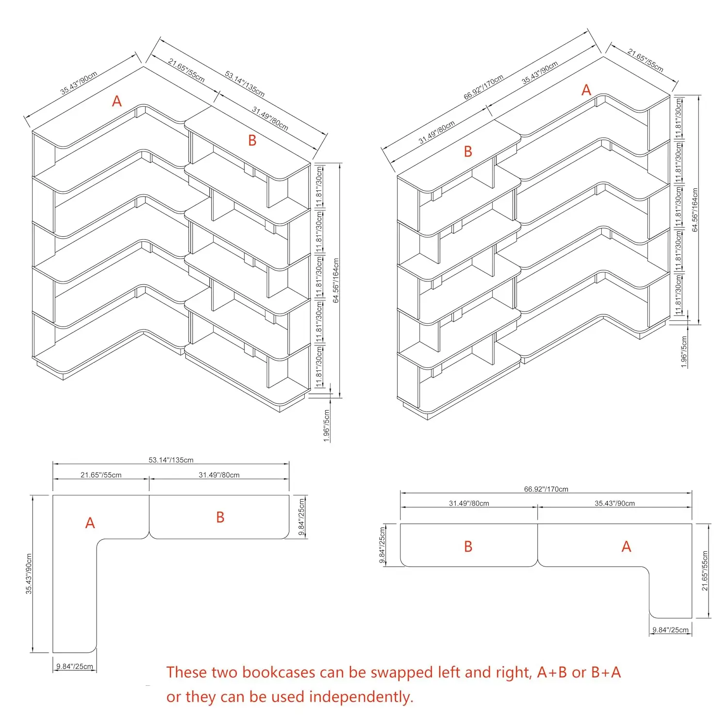 5 Tier Corner Bookshelf Set of 2, 36+32 Inch L Shaped Bookcase Storage Display Shelf Home Office, Customized