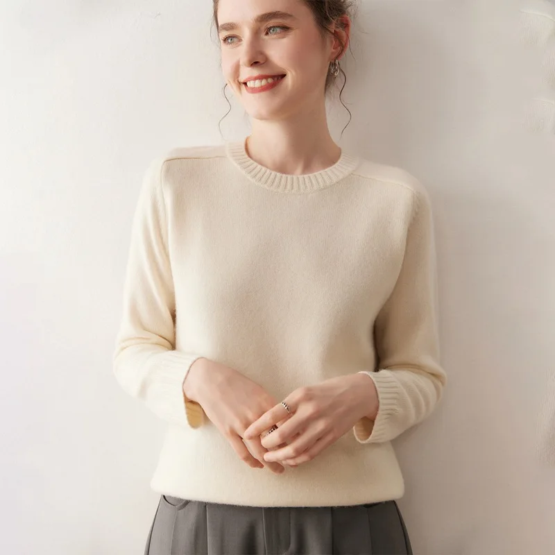 Suéter informal de punto para mujer, Otoño/Invierno, 100% de Cachemira, cuello redondo, manga larga, hombros descubiertos, suelto, Color sólido, moda