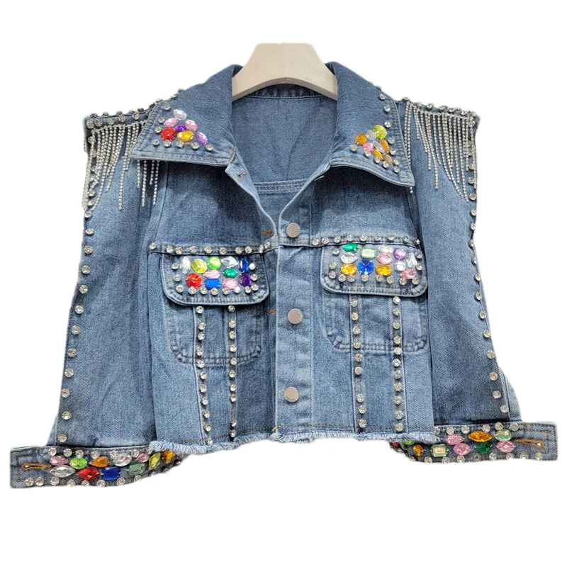 

Multicolour Diamonds Chain Tassels Pocket Denim Jacket Women Hem Frayed Cowboy Outerwear Autumn Slim Short Jeans Jacket Female