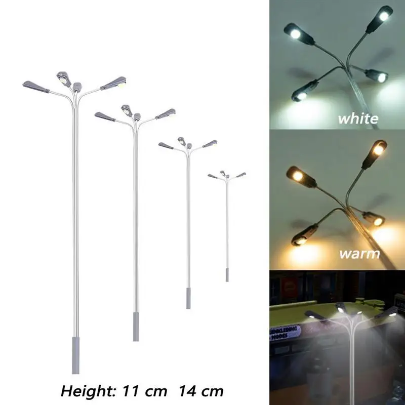 10pcs Miniature Street Model Lamppost Train Garden  Single Two Head White/Warm White Light 1:75 HO Scale for Train Layout Scene