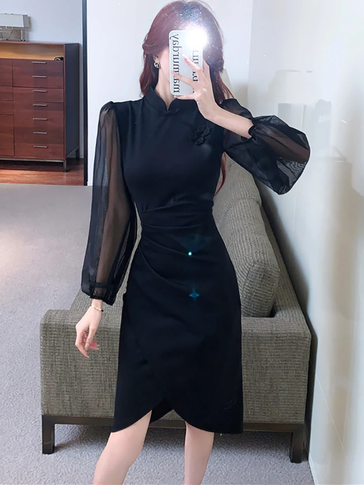 2024 Black Patchwork Mesh Long Sleeve Midi Dress Autumn Winter Pleated Bodycon Prom Clothes Women Korean Vintage Luxury Vestidos